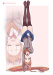  1girl absurdres black_thighhighs blazer blue_skirt border brown_hair brown_sweater closed_eyes collared_shirt commentary covering_crotch covering_privates crying doki_doki_literature_club doki_doki_literature_club_school_uniform english_commentary forehead full_body green_eyes grey_jacket hair_ribbon hair_spread_out handstand highres jacket long_hair looking_at_viewer lycoris_challenge_(meme) meme mi_tarou0412 miniskirt monika_(doki_doki_literature_club) multiple_views neck_ribbon no_shoes one_arm_handstand outline patreon_username pink_background pleated_skirt ponytail red_ribbon ribbon school_uniform shirt simple_background skirt sweater thighhighs white_border white_outline white_ribbon white_shirt zoom_layer 