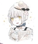  1girl blush commentary_request flower gamo_tako hair_flower hair_ornament hand_on_own_chest jewelry mahou_shoujo_ikusei_keikaku necklace short_hair simple_background smile snow_white_(mahoiku) sweater white_flower white_hair yellow_eyes 