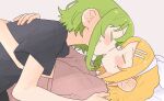  2girls black_shirt blonde_hair blush bow bow_hairband brown_background closed_eyes commentary_request green_hair gumi hairband highres hug kagamine_rin kiss komori_kamome multiple_girls pink_shirt shirt short_hair simple_background sweatdrop vocaloid white_bow yuri 