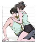  1boy 1girl :3 agent_choi asymmetrical_bangs barefoot black_eyes black_shorts black_tank_top blue_eyes blush breasts brown_hair claw_hair_clip closed_mouth commentary_request denim denim_shorts feet_out_of_frame genderswap genderswap_(mtf) genderswap_on_non-genderswap gwechul hair_between_eyes hair_ornament hairclip hand_on_another's_back hands_on_another's_chest highres inset_border invisible_chair kalecac1 korean_commentary layered_clothes looking_at_another medium_hair multiple_scars pants ryu_jaekwan scar scar_on_arm scar_on_leg scar_on_neck shirt short_hair shorts sidelocks simple_background sitting sitting_on_lap sitting_on_person smile straddling sweatdrop tank_top updo white_tank_top 