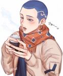  1boy blue_eyes blue_hair coat commentary_request cup disposable_coffee_cup disposable_cup earrings eyelashes highres holding holding_cup jewelry male_focus open_mouth scar scar_on_face scar_on_mouth scarf shaved_head shiba_hakkai simple_background solo tokyo_revengers translation_request twitter_username urie00x white_background 