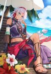  1girl aqua_eyes arm_support bare_shoulders beach belt black_bridal_gauntlets blue_sky bow bracelet braid breasts bridal_gauntlets brown_belt chair cleavage cleavage_cutout closed_mouth clothing_cutout cloud coconut_tree commentary_request cross-laced_clothes cross-laced_cutout cross-laced_top crossed_legs curtained_hair dark-skinned_female dark_skin day detached_sleeves earrings eiyuu_densetsu facial_mark feet floating_hair flower forehead_mark gold_bracelet hair_bow hairband head_tilt hibiscus highres hoop_earrings jewelry large_breasts long_hair looking_at_viewer lounge_chair low-braided_long_hair low-tied_long_hair midriff minausa multiple_belts multiple_bracelets nail_polish navel navel_piercing necklace ocean outdoors palm_tree parted_bangs piercing reclining red_bow red_flower red_hairband revealing_clothes sand sandals sarong scherazard_harvey shore single_braid sitting sky smile solo sora_no_kiseki sunlight thigh_belt thigh_strap toenail_polish toenails toes tree very_long_braid very_long_hair white_flower white_hair white_nails wooden_chair yellow_flower 