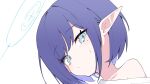  1girl absurdres aoi_(blue_archive) bare_shoulders blue_archive blue_eyes blue_hair blue_halo blush bob_cut closed_mouth collarbone commentary_request ear_blush expressionless halo head_tilt highres honi_(honi1010) korean_commentary looking_to_the_side mole mole_under_eye pointy_ears portrait short_hair sidelocks simple_background solo star_halo sweatdrop upper_body white_background 