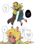  1girl 1other absurdres antlers blonde_hair commentary deltarune english_commentary freckles full_body furry furry_female goomyloid highres horns hug kris_(deltarune) long_hair noelle_holiday pants reindeer_antlers shirt skirt speech_bubble upper_body utdr_(toby_fox) 