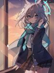  1girl absurdres animal_ears blue_archive blue_eyes blue_halo blush cat_ears commentary grey_hair hair_ornament hairclip halo highres jacket looking_at_viewer open_clothes open_jacket pleated_skirt samon_(vxxr8575) scarf shiroko_(blue_archive) skirt solo sunset window 