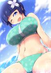  1girl aqua_bikini bikini blue_eyes blue_hair blunt_bangs blush breasts commentary_request floral_print flower hair_flower hair_ornament highres large_breasts looking_at_viewer midriff navel official_alternate_costume one_eye_closed open_mouth ponponmaru senran_kagura senran_kagura_shinovi_versus sidelocks sitting smile swimsuit yozakura_(senran_kagura) 