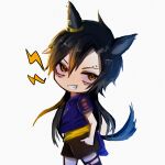  1girl air_shakur_(umamusume) air_shakur_(unsigned)_(umamusume) animal_ears black_shorts blue_jacket chibi chibi_only colored_sclera commentary_request cowboy_shot ear_chain eyebrow_piercing face_piercing grin highres horse_ears horse_girl horse_tail jacket linked_piercing long_hair looking_at_viewer looking_to_the_side orange_eyes piercing pink_sclera shorts simple_background smile solo tail u4r1a3 umamusume white_background 