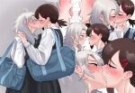  2girls bag black_dress blush brown_hair chainsaw_man commentary_request dress eye_contact famine_devil_(chainsaw_man) french_kiss grey_hair hair_ornament hairclip higashiyama_kobeni highres holding_hands interlocked_fingers kiss long_hair looking_at_another mole mole_under_eye multiple_girls pinafore_dress pink_eyes ponytail saliva saliva_trail school_bag shirt short_ponytail sleeveless sleeveless_dress taejaho tears white_shirt yuri 