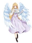  1girl ascot black_shoes book breasts dairoku_ryouhei dress feathered_wings flower full_body hair_flower hair_ornament hibikina_rizu ko-yasakichi large_breasts long_hair long_sleeves looking_at_viewer open_book purple_eyes shoes smile solo standing transparent_background white_ascot white_wings wings 