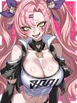  1girl absurdres artist_name bear_earrings bear_hair_ornament bear_necklace black_jacket blush border breasts clothing_cutout collar cosplay crop_top cropped_jacket danganronpa_(series) detached_collar enoshima_abrian enoshima_junko fang green_eyes hair_ornament hair_ribbon hairclip heart_cutout highres jacket jewelry large_breasts long_hair looking_at_viewer mole mole_on_breast mole_under_eye monokuma navel nicole_demara nicole_demara_(cosplay) open_mouth pink_hair purple_ribbon ribbon shoulder_cutout smile solo twintails two_side_up white_border zenless_zone_zero 