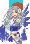  1girl alternate_costume batoson54 breasts closed_mouth commentary_request dated facing_viewer fire_emblem fire_emblem:_the_blazing_blade floral_print floral_print_kimono florina_(fire_emblem) flower hair_flower hair_ornament happy highres japanese_clothes kimono long_hair open_mouth print_kimono purple_hair purple_kimono purple_sash sash small_breasts smile solo straight-on two-tone_kimono upper_body white_flower white_kimono wide_sleeves 
