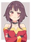  1girl absurdres bare_shoulders black_collar black_gloves border collar collarbone commentary crossed_arms fingerless_gloves gloves grey_background highres kono_subarashii_sekai_ni_shukufuku_wo! looking_at_viewer medium_hair megumin noyama_takenoko red_eyes red_shirt shirt sidelocks solo white_border 