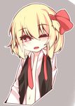  blonde_hair hair_ribbon long_sleeves navel one_eye_closed open_clothes open_shirt open_vest red_eyes ribbon rumia shamo_(koumakantv) shirt solo touhou upper_body vest 