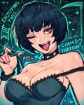  1girl artist_logo artist_name bare_shoulders black_choker black_hair bluesky_logo bob_cut breasts brown_eyes choker cleavage collarbone commentary diamond_print_background english_commentary english_text hatidraw heart large_breasts logo looking_at_viewer naughty_face one_eye_closed open_mouth persona persona_5 red_eyes roman_numeral scythe short_hair smile solo spiked_choker spikes strap_slip takemi_tae teeth tongue tongue_out upper_body upper_teeth_only 