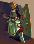  1boy 4rfyujkgb armor armored_boots belt belt_buckle belt_pouch boots brown_belt brown_eyes brown_hair buckle closed_mouth colored_eyebrows commentary_request fingernails fortress_(sekaiju) fortress_1_(sekaiju) full_body holding holding_mace holding_shield holding_weapon looking_to_the_side mace male_focus pants pouch puffy_pants red_pants sekaiju_no_meikyuu sekaiju_no_meikyuu_4 shadow shield short_hair single_vambrace solo tower_shield vambraces very_short_hair weapon 