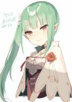  1girl banira_shio blunt_bangs blush breasts brown_corset cape capelet center_frills closed_mouth commentary_request corset cropped_arms cropped_torso dated flower frills green_hair jewelry long_hair looking_at_viewer medium_breasts necklace orange_flower orange_rose pointy_ears re:zero_kara_hajimeru_isekai_seikatsu re:zero_kara_hajimeru_isekai_seikatsu:_lost_in_memories red_eyes red_flower red_rose ribbon rose shion_(re:zero) shirt side_ponytail sidelocks simple_background smile solo underbust upper_body virtual_youtuber white_background white_cape white_capelet white_ribbon white_shirt 