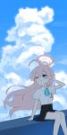  1girl absurdres abydos_high_school_logo ahoge arm_behind_head arm_up black_skirt blue_archive blue_eyes blue_ribbon blue_sky blush closed_mouth cloud cloudy_sky collared_shirt commentary cumulonimbus_cloud day feet_out_of_frame floating_hair hair_between_eyes halo highres honi_(honi1010) hoshino_(blue_archive) huge_ahoge id_card long_hair looking_at_viewer neck_ribbon one_eye_closed outdoors pink_hair pink_halo plaid_clothes plaid_skirt pleated_skirt ribbon school_uniform shirt shirt_tucked_in short_sleeves sitting skirt sky smile solo very_long_hair white_shirt 