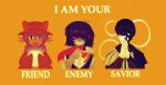  1boy 2others add-on_(off) animal_hat armor baseball_uniform black_ears black_hat blue_hair blue_scarf blue_skin brown_coat brown_hat brown_poncho brown_tunic cape cat_hat coat colored_sclera colored_skin dark_skin deltarune english_commentary genre_connection hat highres holding_bulb holding_light_bulb kris_(dark_world)_(deltarune) kris_(deltarune) light_bulb multiple_others niko_(oneshot) off_(game) oneshot_(game) oversized_sweater pink_cape praying purple_scarf red_soul_(utdr) scarf shirt simple_background soul_(utdr) sportswear striped_clothes striped_shirt the_batter_(off) tunic utdr_(toby_fox) white_skin yellow_background yellow_sclera zonkdiggitydog 
