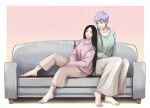  2girls absurdres anno_im balcony barefoot bleach braid breasts brown_pants casual closed_eyes commentary_request couch earrings green_sweater grey_eyes grey_hair hair_down highres jewelry kotetsu_isane large_breasts long_hair multiple_girls pants polka_dot polka_dot_background purple_sweater short_hair_with_long_locks side_braid sitting smile sweater unohana_retsu 