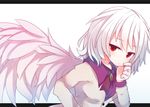  beni_shake brooch collared_shirt feathers hand_on_own_cheek jewelry jitome kishin_sagume looking_at_viewer red_eyes shirt short_hair silver_hair single_wing solo touhou vest white_hair wings 
