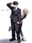  2boys absurdres black_jacket black_pants black_shirt black_suit black_thighhighs blunt_ends brown_hair business_suit collared_shirt commentary_request covered_eyes crossdressing crossdressing_(mtf) dark-skinned_male dark_skin formal_clothes freckles garter_straps green_necktie hair_over_eyes highres iu15236376 jacket long_bangs male_focus multiple_boys necktie original pant_suit pants shirt short_hair short_shorts shorts suit suit_jacket suit_pants tan thighhighs trap white_background white_hair white_jacket white_shorts yellow_eyes zettai_ryouiki 