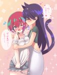  2girls amate_yuzuriha animal_ears black_hair blue_eyes blush breasts cat_ears cat_girl cat_tail cleavage commentary_request flying_sweatdrops gundam gundam_gquuuuuux heart licking licking_ear multiple_girls nyaan_(gundam_gquuuuuux) one_eye_closed open_mouth overalls red_hair shorts simple_background speech_bubble tail tears teu_(navy) tongue tongue_out translation_request yuri 