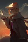  1girl absurdres blonde_hair blue_eyes cape coat commentary deerstalker gradient_background hat hechium highres hololive hololive_english long_sleeves monocle necktie pocket_watch shirt short_hair skirt virtual_youtuber watch watson_amelia white_shirt 