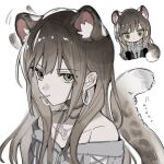  1girl absurdres animal_ears bang_dream! bang_dream!_our_notes brown_hair candy chibi chinese_commentary commentary_request earrings food food_in_mouth green_eyes grey_jacket highres jacket jewelry kemonomimi_mode kotohira_nagi lollipop lollipop_in_mouth long_hair off-shoulder_jacket off_shoulder rexxxxder sidelocks simple_background snow_leopard_ears snow_leopard_girl snow_leopard_tail tail white_background 