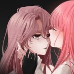  2girls absurdres annie_(shining_nikki) artist_name bare_shoulders black_background black_gloves bloom_poetry_(shining_nikki) brown_eyes closed_mouth collared_shirt commentary crying crying_with_eyes_open dual_persona empty_eyes eyelashes fingernails frilled_shirt_collar frilled_sleeves frills gloves grey_lips hair_between_eyes hand_on_another's_hand hand_on_another's_neck high_collar highres imminent_kiss kiss kissing_forehead light_blush lipstick long_hair long_sidelocks long_sleeves looking_at_another makeup mascara multiple_girls nikki_(nikki) nikki_(series) parted_bangs pink_hair pointy_nose reean sad shining_nikki shirt sidelocks simple_background sleeves_past_wrists strap streaming_tears striped_clothes striped_shirt tears upper_body vertical-striped_clothes vertical-striped_shirt watermark white_shirt 
