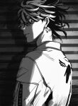  1boy closed_mouth commentary_request desu_(haruhello) earrings floating_earrings from_side greyscale hanemiya_kazutora highres jacket jewelry male_focus monochrome multicolored_hair shadow short_hair solo streaked_hair tokyo_revengers upper_body 