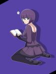  1girl ? ass ass_peek back barefoot blunt_bangs bob_cut book breasts commentary_request elbow_gloves glasses gloves highres holding holding_book looking_back median_furrow medium_breasts misteryman_03 no_shoes pantyhose pokemon pokemon_black_and_white purple_eyes purple_hair purple_skirt rimless_eyewear round_eyewear shauntal_(pokemon) short_hair shoulder_blades sitting skirt spanish_commentary wariza 