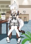  2girls absurdres ahoge animal_ear_fluff animal_ears apron black_dress bow cafe cat_ears cat_tail chair closed_eyes commentary_request dress frilled_apron frills highres indoors long_hair maid mizhi_shuaibi_yy multiple_girls original puffy_short_sleeves puffy_sleeves sandals short_sleeves sitting tail thighhighs white_apron white_hair white_thighhighs wrist_cuffs 