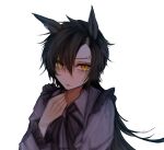  1girl air_shakur_(umamusume) black_bow black_bowtie black_hair bow bowtie closed_mouth commentary_request crying crying_with_eyes_open eyebrow_piercing face_piercing frilled_shirt frills grey_shirt hair_between_eyes highres horse_girl long_bangs long_hair looking_at_viewer piercing shirt simple_background solo tears u4r1a3 umamusume upper_body white_background yellow_eyes 