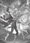  1boy 1girl :d barefoot boots breasts closed_eyes couple detached_sleeves emilia_(re:zero) floating_hair from_side greyscale hair_ornament happy highres hug long_hair miniskirt monochrome natsuki_subaru novel_illustration official_art ootsuka_shin'ichirou open_mouth outdoors pants pleated_skirt pointy_ears re:zero_kara_hajimeru_isekai_seikatsu ruins short_hair skirt sky smile standing thigh_boots thighhighs third-party_source torn_clothes very_long_hair x_hair_ornament zettai_ryouiki 