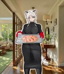  1girl animal_ears black_pantyhose clive_meowtr commentary dress english_commentary faust_(project_moon) food highres holding holding_food holding_pizza limbus_company long_sleeves monster_energy pantyhose pizza project_moon self-upload short_hair snow_leopard_ears snow_leopard_girl snow_leopard_tail tail 
