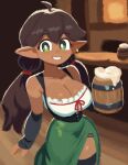  1girl ahoge armband barmaid beer_mug black_armband black_corset black_thighhighs braid breasts brown_hair cleavage corset cup dark-skinned_female dark_skin deli_mage earrings elf front_slit german_clothes green_eyes green_skirt highres jewelry large_breasts medieval mug original pointy_ears red_ribbon ribbon single_earring skirt smile tavern thighhighs twin_braids 