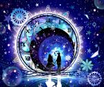  1boy 1girl abstract analog_clock bubble clock clock_face colored_shadow commentary_request cool_colors couple feathers flower gears guiyi_tonghua hetero holding_hands original scenery shadow silhouette sky star_(sky) star_(symbol) starry_sky wheel wide_shot 