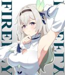  1girl absurdres arm_behind_head armpits blue_eyes blue_ribbon blush breasts cleavage cleavage_cutout clothing_cutout detached_sleeves english_commentary english_text erushira facing_viewer firefly_(honkai:_star_rail) gradient_hair green_hair grey_background grey_hair hair_between_eyes hair_ornament hair_ribbon hairband hand_on_own_chin highres honkai:_star_rail honkai_(series) large_breasts looking_at_viewer multicolored_eyes multicolored_hair multicolored_hairband pink_eyes pout presenting_own_armpit ribbon shirt simple_background sleeveless sleeveless_shirt solo white_shirt wing_hair_ornament 