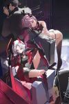  1boy 3girls absurdres black_panties blonde_hair blue_eyes brown_hair cape chair clothing_cutout commander_(nikke) commentary_request detached_sleeves dio_brando's_pose drake_(great_villain)_(nikke) drake_(nikke) goddess_of_victory:_nikke grave_(nikke) head_rest highres hip_vent hood horns jojo_pose korean_commentary leaning_on_object leotard leotard_under_clothes looking_at_viewer mechanical_horns multiple_girls official_alternate_costume panties pink_hair red_eyes saeulju shaded_face sketch skirt underwear unfinished white_hair ziz_(nikke) 