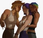 3girls applejack black_pants black_shirt blonde_hair blue_hair blue_skirt blush bound bound_wrists breasts cleavage closed_eyes collarbone english_commentary grabbing_another's_breast grabbing_from_behind green_hair groping hat highres holding holding_rope humanization jewelry medium_breasts multicolored_hair multiple_girls muscular muscular_female my_little_pony my_little_pony:_friendship_is_magic necklace notsteemyart orange_hair pants purple_hair rainbow_dash rarity_(my_little_pony) red_hair rope rope_around_wrist shirt simple_background skirt sleeveless sleeveless_shirt tan white_background white_shirt yuri 