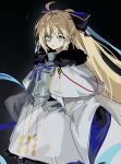  1girl aesc_(fate) aesc_(savior)_(fate) ahoge armor armored_dress black_background blonde_hair blue_eyes closed_mouth dress fate/grand_order fate_(series) hair_between_eyes highres long_hair looking_at_viewer ponytail solo syst098 