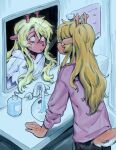  1girl absurdres animal_ears bags_under_eyes blonde_hair commentary deer_ears deer_girl deer_tail deltarune english_commentary freckles goomyloid highres looking_at_mirror mirror noelle_holiday noelle_holiday_(dark_world) reflection reflection_focus sink tail utdr_(toby_fox) weird_route_(deltarune) 