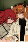  2girls a.i._voice adachi_rei black_shirt blush bow bs_leeon commentary_request drill_hair exhausted gloves grey_jacket hair_bow hair_ornament hair_ribbon hairclip headlamp highres holding_hands jacket kasane_teto kasane_teto_(sv) leaning_on_person looking_at_another messy_hair multiple_girls orange_eyes orange_hair radio_antenna red_eyes red_hair ribbon shirt short_hair shoulder_belt sketch small_sweatdrop smile space_de_kimi_to_(synthesizer_v) synthesizer_v twin_drills upper_body utau white_bow white_gloves white_jacket white_ribbon yuri 