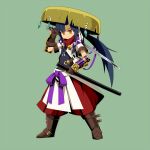  1girl armor black_hair boots brown_boots brown_gloves closed_mouth commentary_request diamond_(gemstone) fuurai_(sekaiju) fuurai_2_(sekaiju) gloves green_background hakama hakama_pants holding holding_sheath holding_sword holding_weapon japanese_armor japanese_clothes katana kote legs_apart male_focus neck_warmer orange_eyes pants ponytail purple_ribbon red_hakama ribbon sandogasa sekaiju_no_meikyuu sekaiju_to_fushigi_no_dungeon sheath shin_ala simple_background smile solo split_mouth sword weapon 