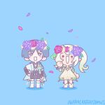  1boy 1girl anklet aracanthusdraws armor arms_at_sides black_bodysuit black_bow black_shorts bloomers blue_background blue_cape blue_gem blue_hair blue_kimono blunt_ends blush bodysuit boots bow bracelet bridal_gauntlets cape chibi chibi_only circle_hands colored_tips detached_sleeves dress feathers flower flower_wreath furisode gem genshin_impact gold_anklet gradient_hair green_hair green_sleeves grey_bridal_gauntlets hair_ornament hakama hakama_shorts hand_on_own_hip hand_up highres japanese_armor japanese_clothes jewelry juban kimono kote kurokote leaf leaf_hair_ornament long_hair looking_at_viewer mandarin_collar multicolored_hair nahida_(genshin_impact) o_o open_clothes open_kimono open_mouth pink_flower pleated_shorts pom_pom_(clothes) purple_eyes purple_flower scaramouche_(genshin_impact) short_dress short_sleeves shorts side_cape side_ponytail sidelocks solid_circle_eyes standing twitter_username v-shaped_eyebrows vision_(genshin_impact) wanderer_(genshin_impact) white_bloomers white_boots white_dress white_hair white_kimono white_mouth white_sleeves wolf_cut yellow_feathers yellow_flower 