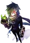  1boy alchemist_(sekaiju) alchemist_1_(sekaiju) arm_cannon black_boots black_hair black_jacket black_pants blue_scarf boots commentary_request cruel_gz from_behind full_body gauntlets glowing glowing_eye hand_up highres jacket long_hair looking_at_viewer male_focus pants red_eyes scarf sekaiju_no_meikyuu sekaiju_no_meikyuu_1 shadow simple_background solo spiked_hair standing torn_clothes torn_scarf weapon white_background 