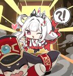  !? 1girl 1other absurdres animal_ears chibi commentary crown dress hair_ornament hat highres honkai:_star_rail honkai_(series) long_hair multicolored_hair nihilux_(aeon_aha)_(honkai:_star_rail) nihilux_(honkai:_star_rail) one_eye_closed ooyun open_mouth pom-pom_(honkai:_star_rail) red_streaks shako_cap speech_bubble steam streaked_hair train untranslatable_commentary wand white_hair 