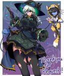  2girls ascot black_bow black_gloves black_hat black_thighhighs blue_flower blue_rose border bow breasts brooch cleaver collar commentary_request commission cowboy_shot disembodied_linked_eye dress english_text expressionless eye20806972 eyepatch flower frilled_collar frilled_eyepatch frilled_sleeves frills gloves green_ascot green_dress green_eyes green_hair hand_up hat highres holding holding_cleaver jewelry komeiji_koishi komeiji_koishi_(heartless_swamp_lady) large_breasts leaning_to_the_side long_sleeves looking_at_viewer medium_hair multiple_girls original puffy_sleeves rose skeb_commission thighhighs thighs torn_clothes torn_thighhighs touhou touhou_lostword white_border 