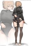 1girl 2026 absurdres ammunition_pouch artist_name assault_rifle black_leotard blonde_hair blood_type breasts buckle cameltoe chest_rig chinese_commentary closed_mouth commentary_request dated expressionless feet fine_fabric_emphasis first_aid_kit flashlight full_body green_eyes grey_jacket gun gun_sling hand_stop highres holding holding_gun holding_knife holding_weapon jacket knife large_breasts laser_sight legs leotard looking_to_the_side magazine_(weapon) no_panties null_(user_zske3258) optical_sight original oxygen_tank pouch rebreather rifle short_hair sidelocks sig_mcx sig_sauer simple_background skindentation sleeves_rolled_up snap-fit_buckle solo standing stirrup_legwear suppressor tactical_clothes thigh_strap thighs toeless_legwear toenails toes turtleneck turtleneck_leotard walkie-talkie weapon web_address white_background zettai_ryouiki zipper zipper_pull_tab zoom_layer 