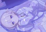  1girl absurdres banpen_(todoroki_hajime) blonde_hair closed_mouth commentary_request highres hololive hololive_dev_is jacket looking_at_viewer lying multicolored_hair on_side purple_eyes purple_hair shirt short_hair shorts solo streaked_hair tebingo todoroki_hajime todoroki_hajime_(1st_costume) two_side_up virtual_youtuber white_jacket white_shirt white_shorts 